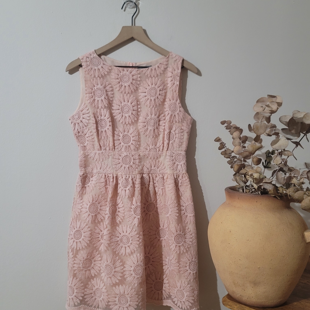 Pink Daisy Crochet Lace Mini Dress Coquette Cottagecore Sz M Spring Easter